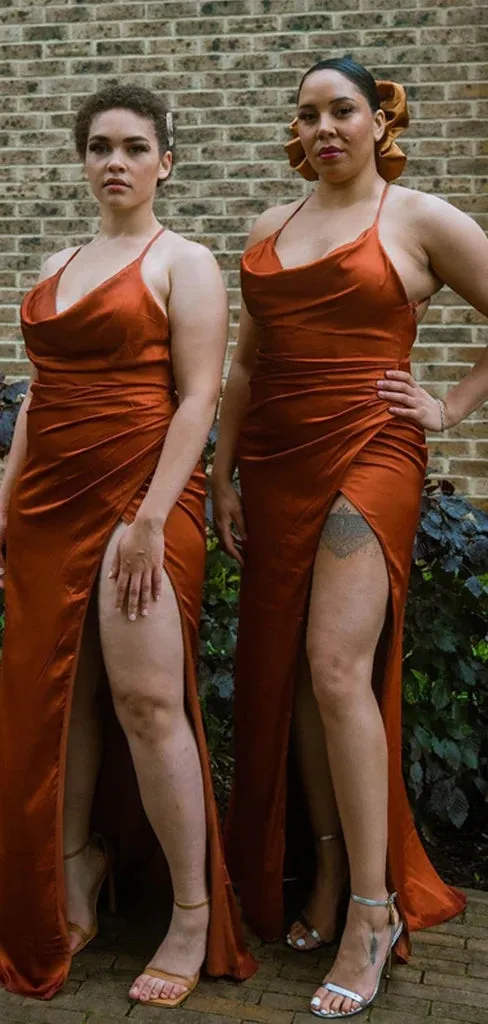 Elegant Halter V-neck Side Slit Mermaid Burnt Orange Satin Long Bridesmaid Dresses Online, BG708