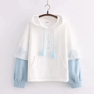 Embroidered Sleeves Wave Print Contrast Color And Velvet Padded Pullover Hoodie Women