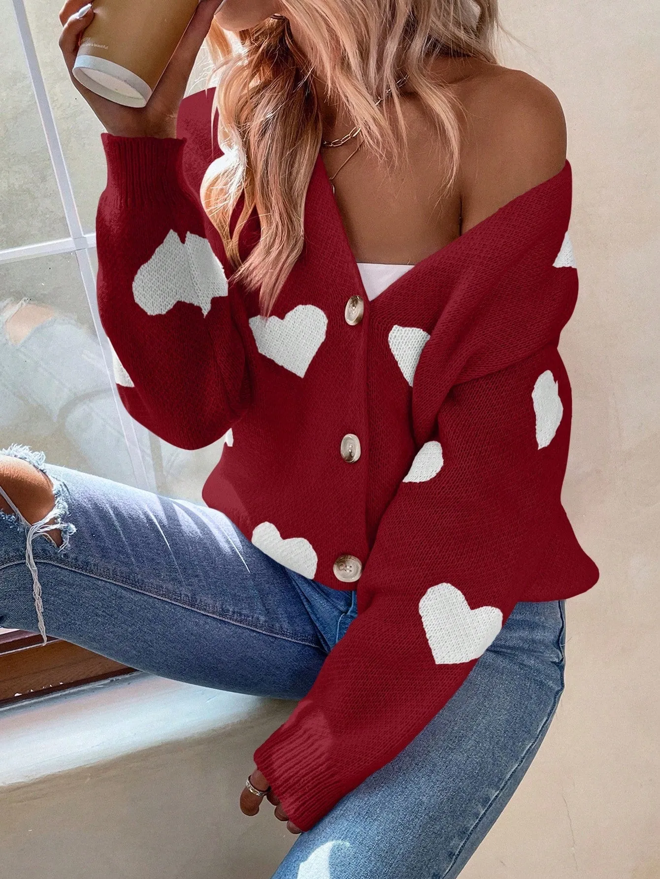 Essnce Heart Pattern Long Sleeve Cardigan