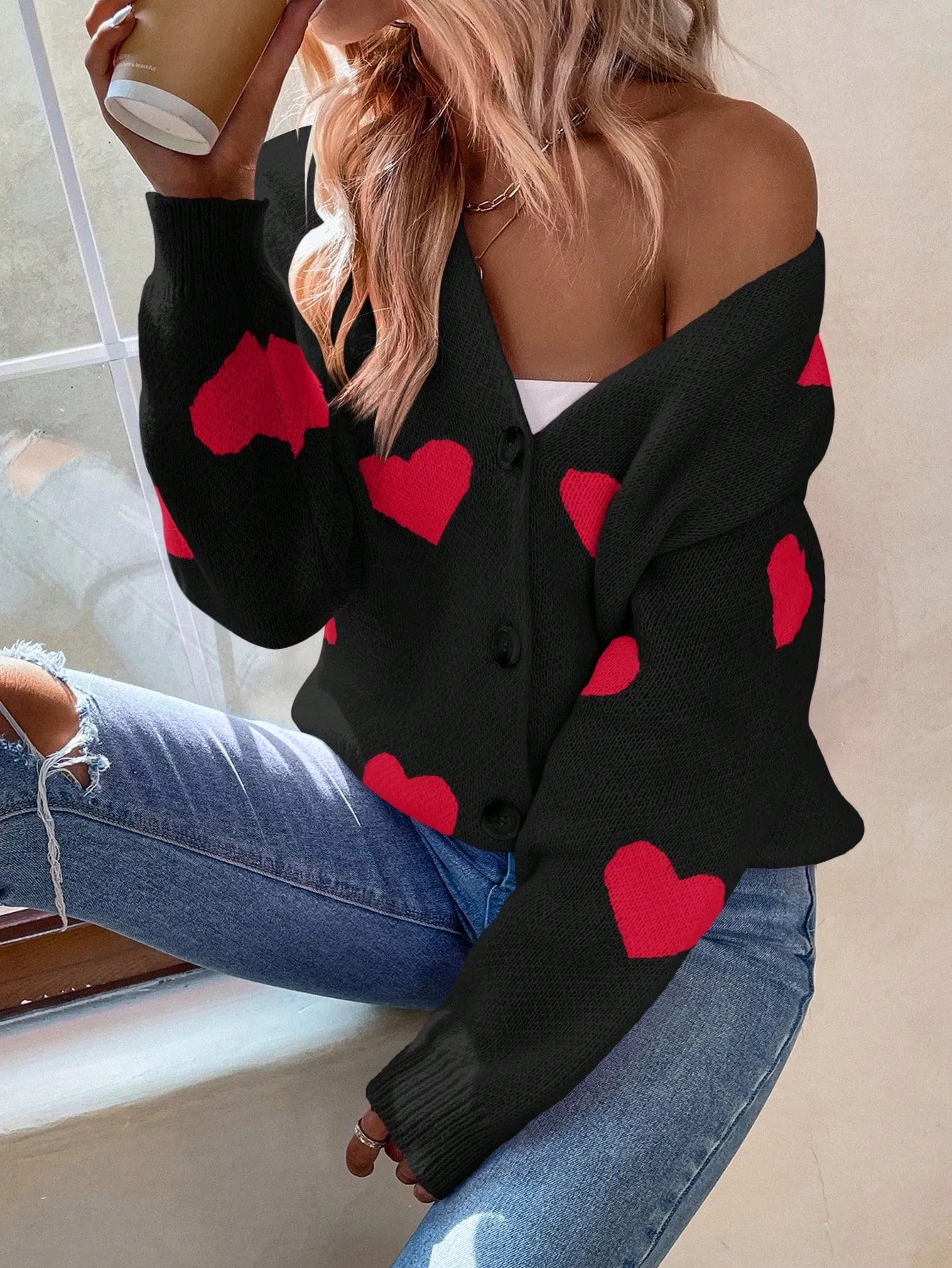 Essnce Heart Pattern Long Sleeve Cardigan