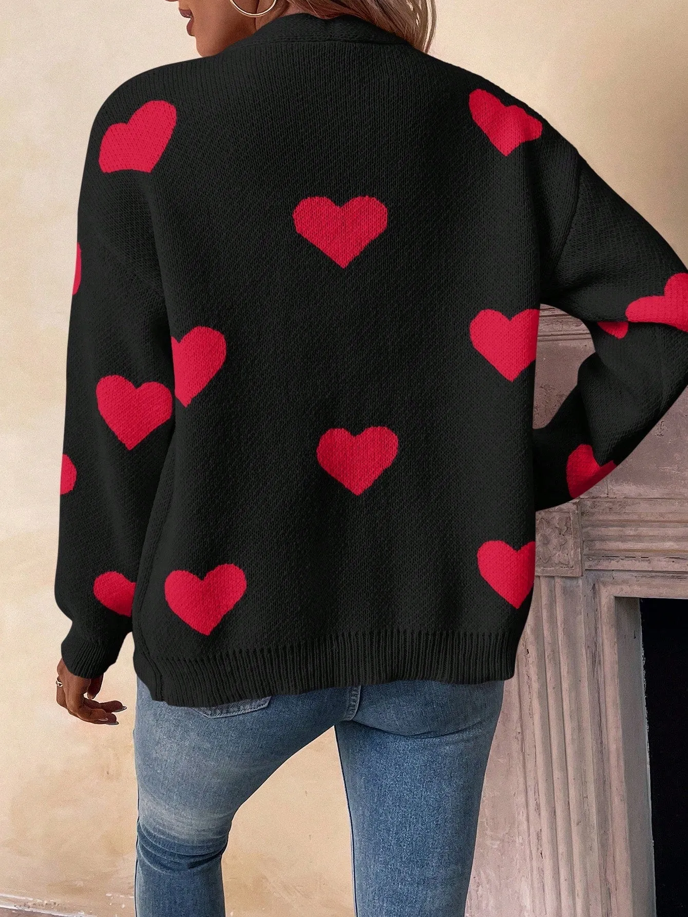 Essnce Heart Pattern Long Sleeve Cardigan