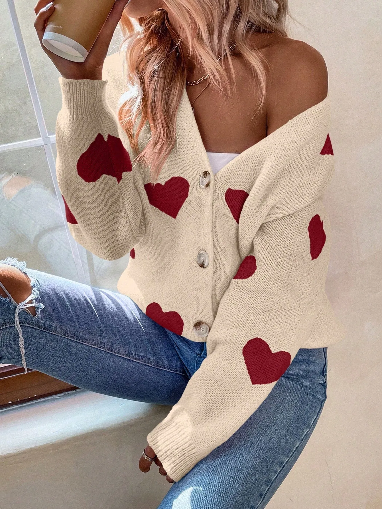 Essnce Heart Pattern Long Sleeve Cardigan