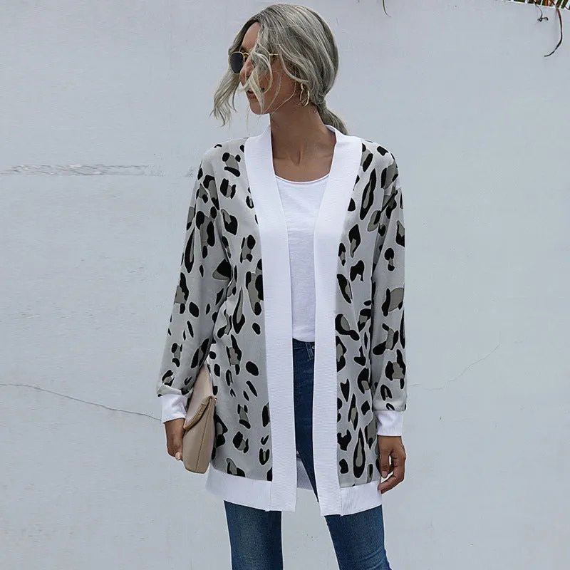 Fashion casual leopard print knitted cardigan jacket