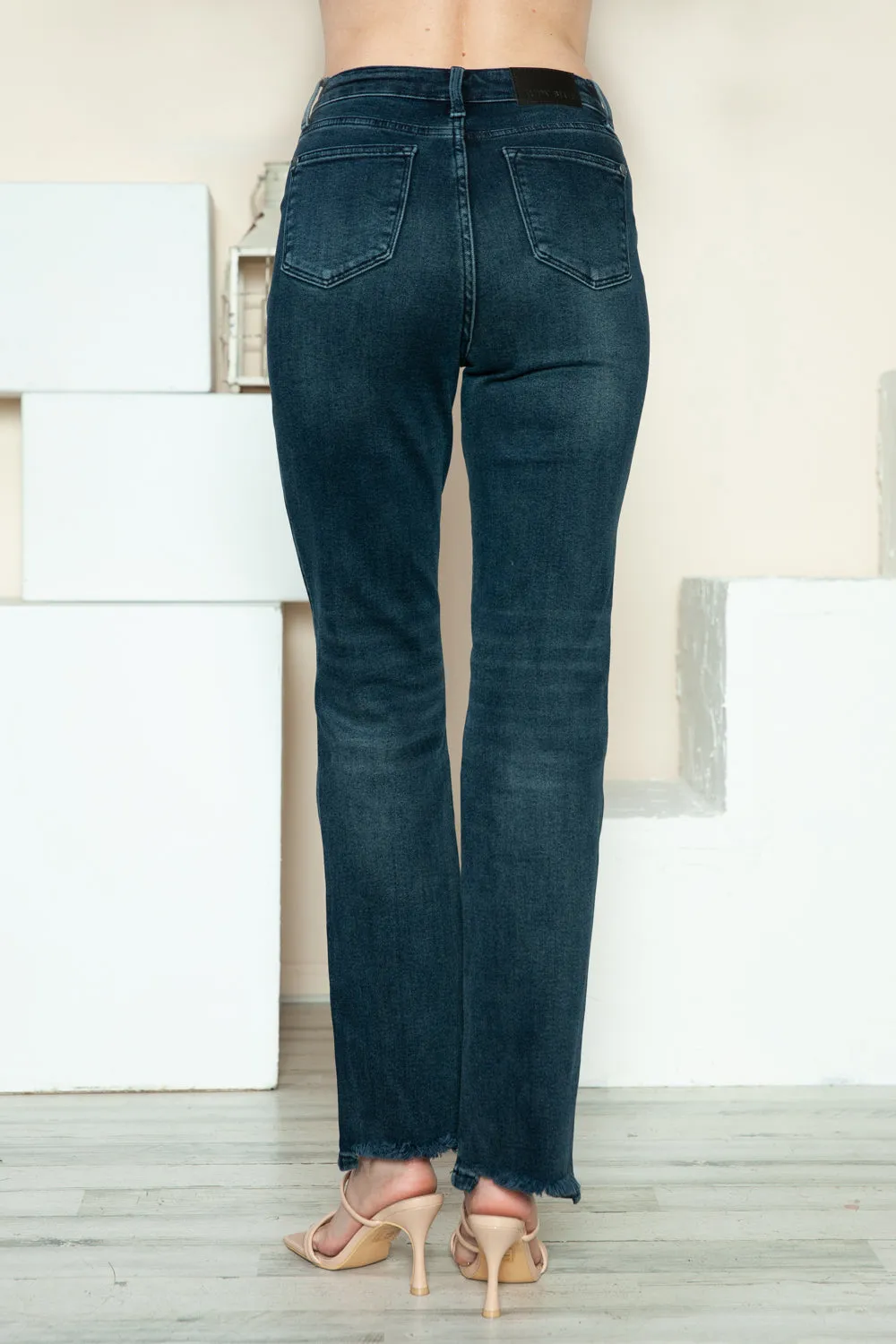 Judy Blue Button Fly Hem Destroy Straight Jeans in Dark Wash