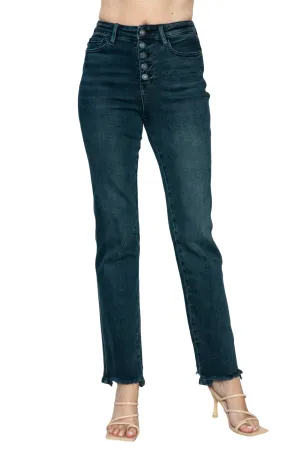 Judy Blue Button Fly Hem Destroy Straight Jeans in Dark Wash