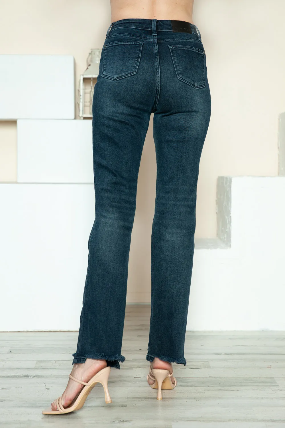 Judy Blue Button Fly Hem Destroy Straight Jeans in Dark Wash