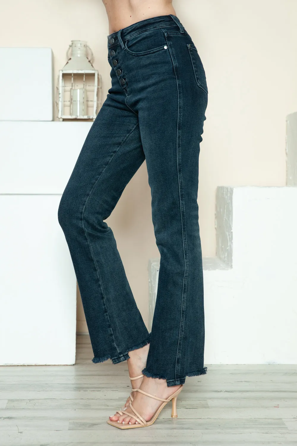 Judy Blue Button Fly Hem Destroy Straight Jeans in Dark Wash