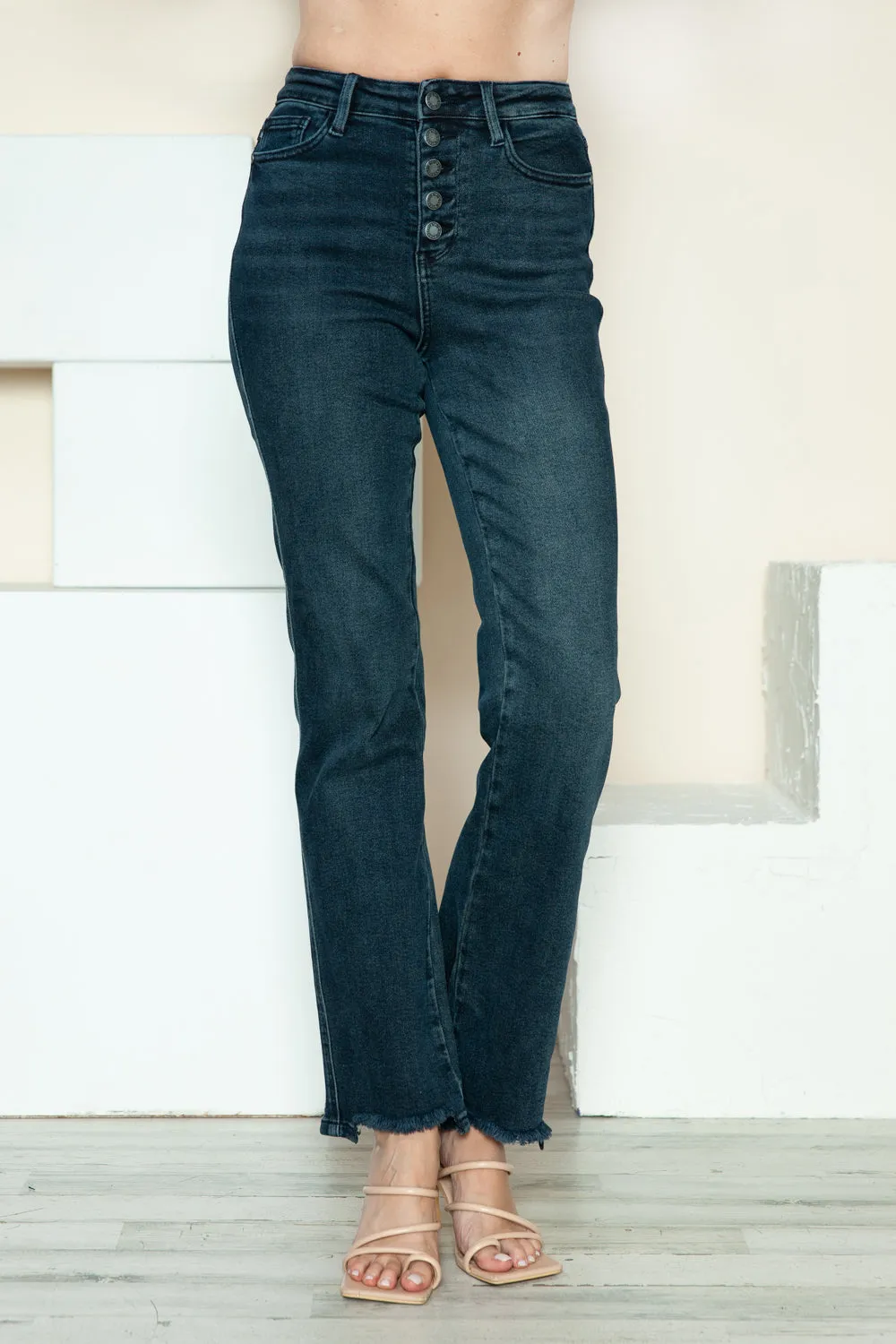 Judy Blue Button Fly Hem Destroy Straight Jeans in Dark Wash