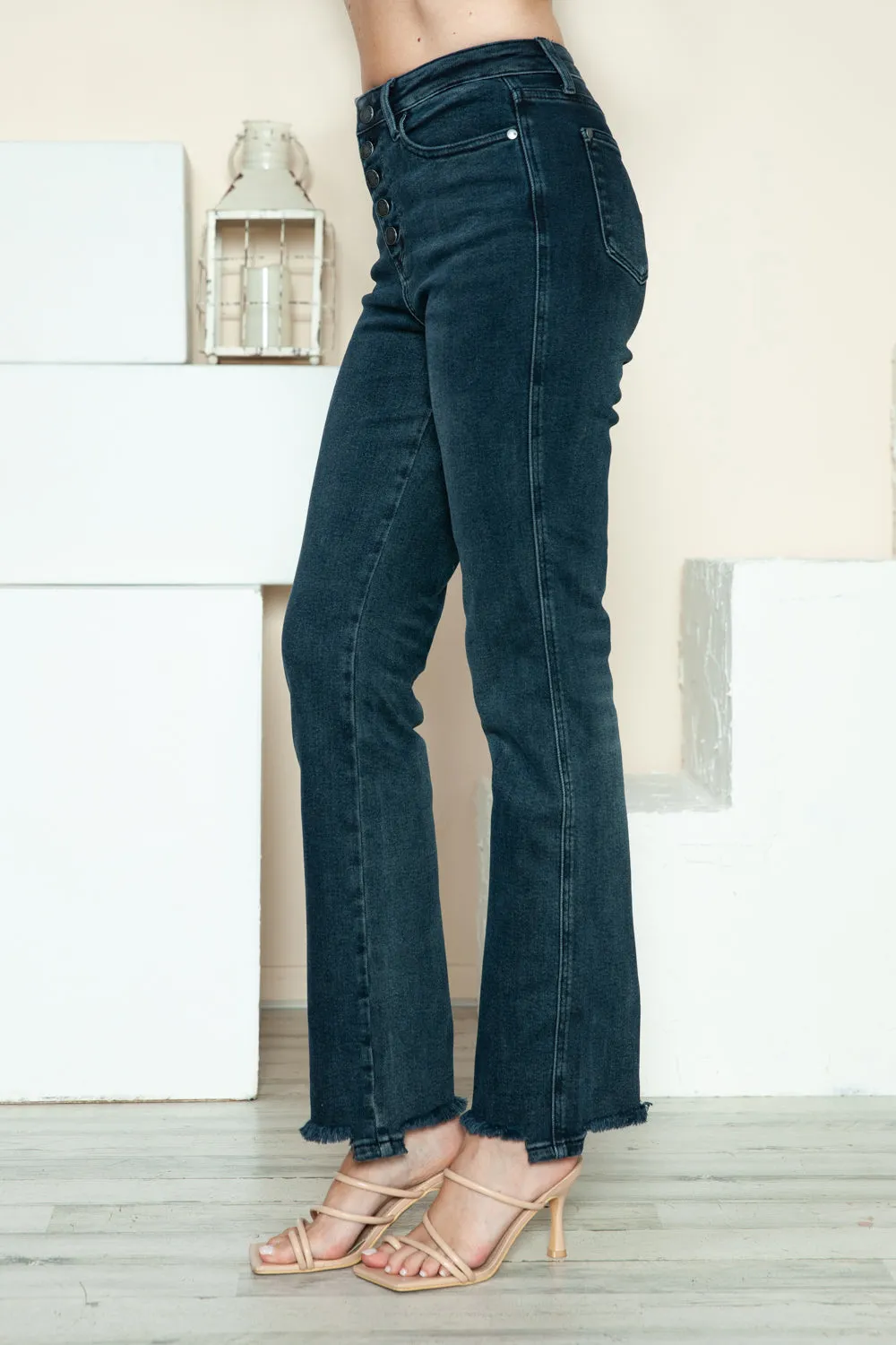 Judy Blue Button Fly Hem Destroy Straight Jeans in Dark Wash