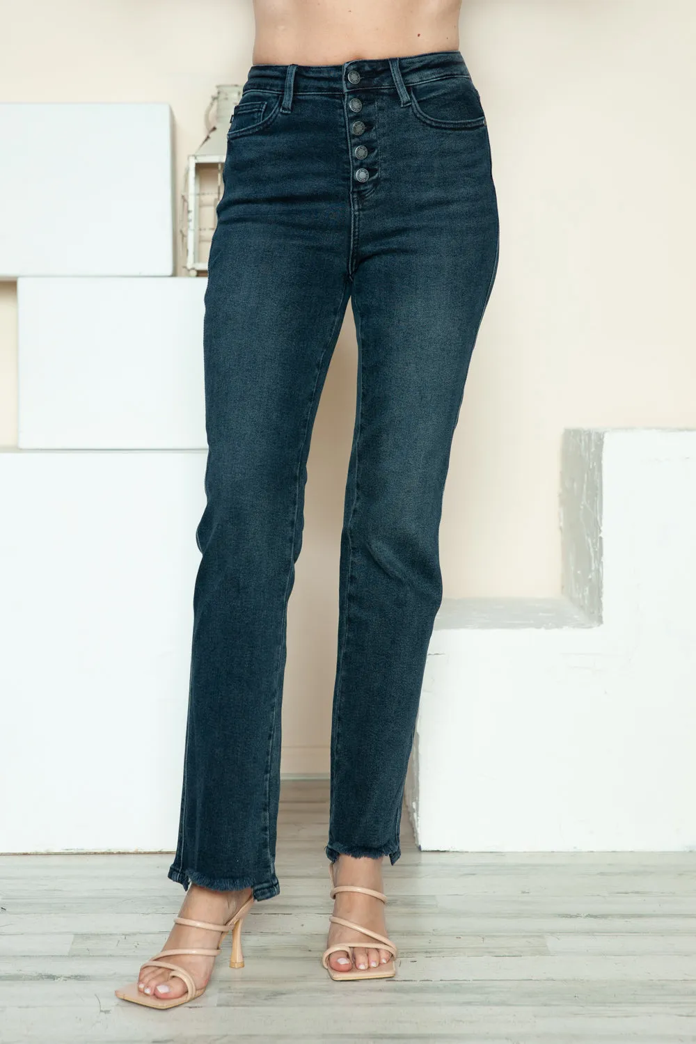 Judy Blue Button Fly Hem Destroy Straight Jeans in Dark Wash