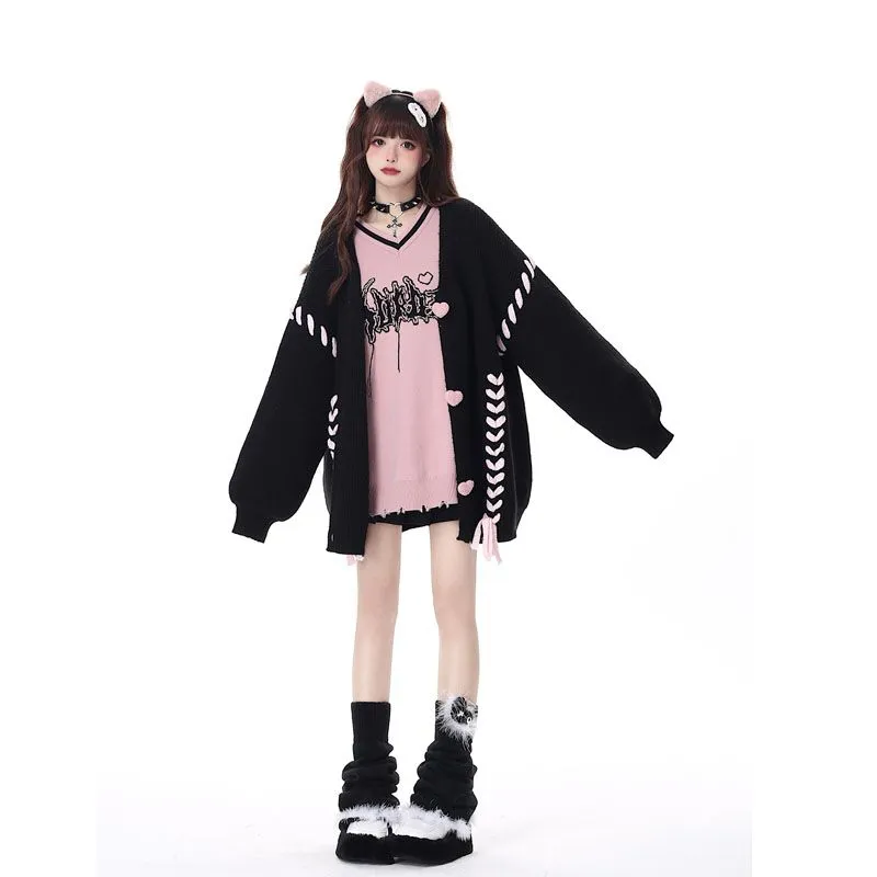 Korean Version Of The Stars Wear Rope Tassel Sweater Cardigan Niche Lazy All-Match Knitted Jacket