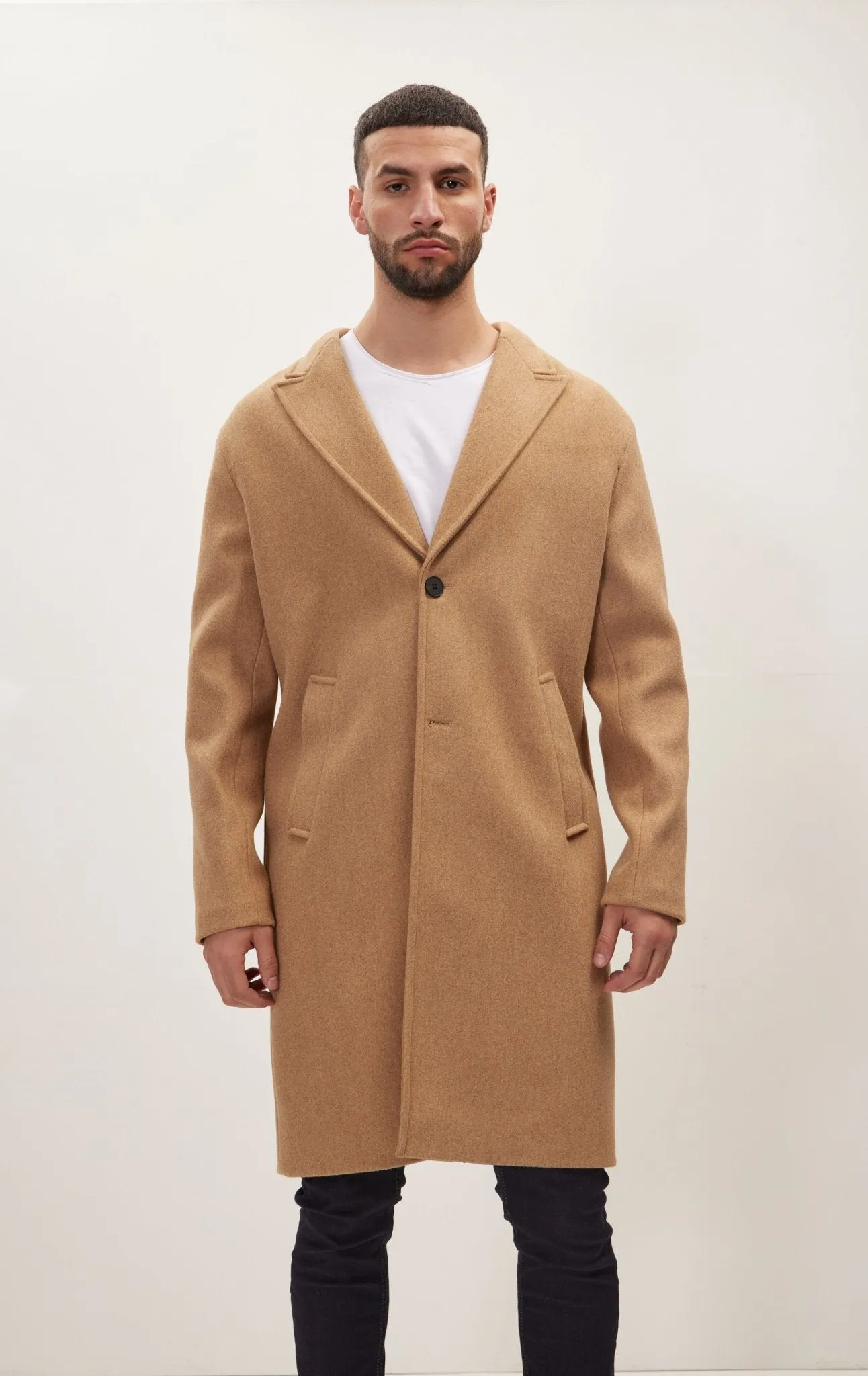 Long Fitted Pea Coat With Notch Lapel - Camel