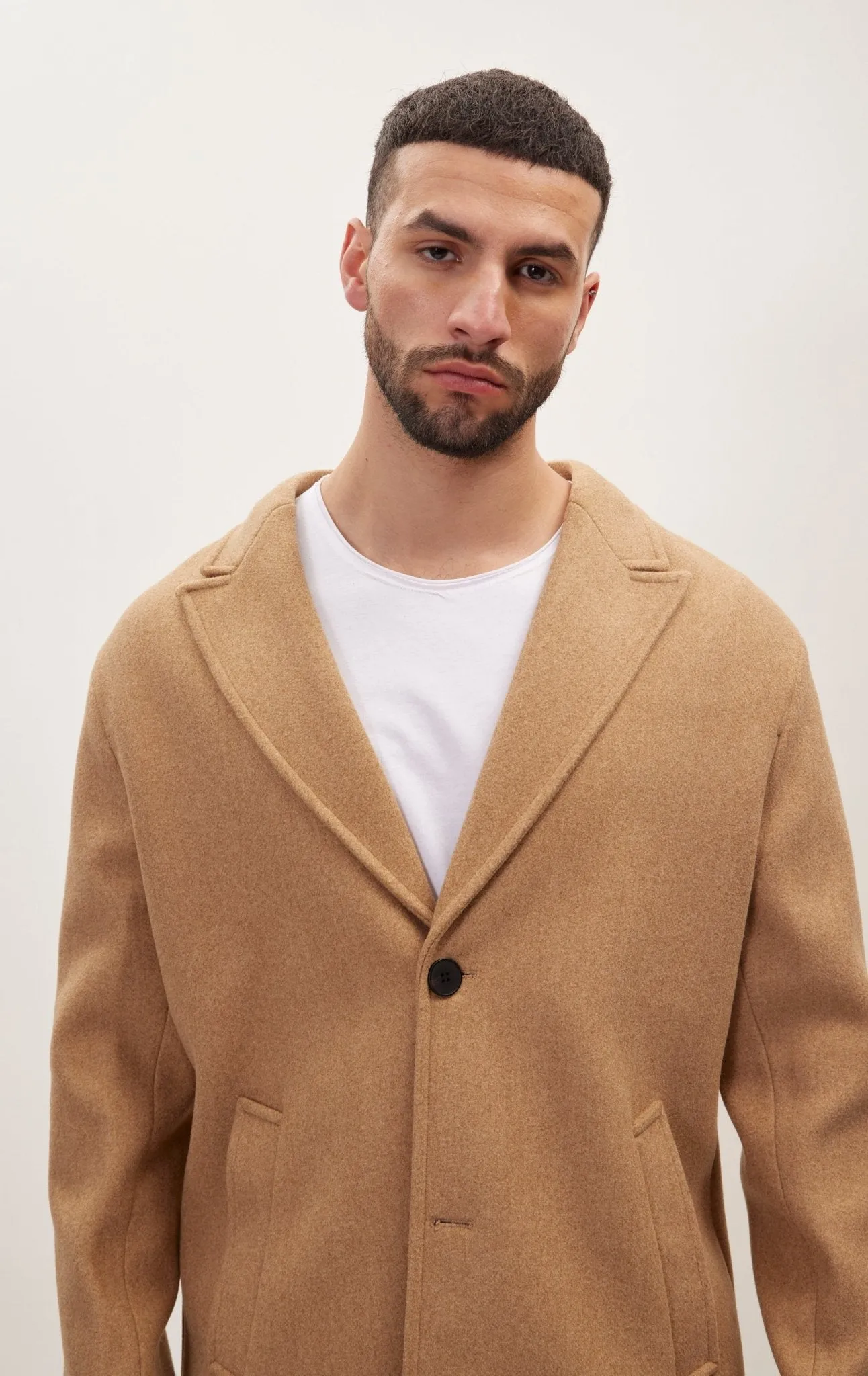 Long Fitted Pea Coat With Notch Lapel - Camel