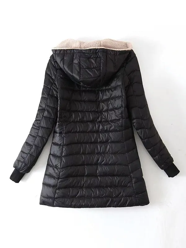 Long Sleeves Keep Warm Pockets Velvet Zipper Hooded Outerwear Padded Coat