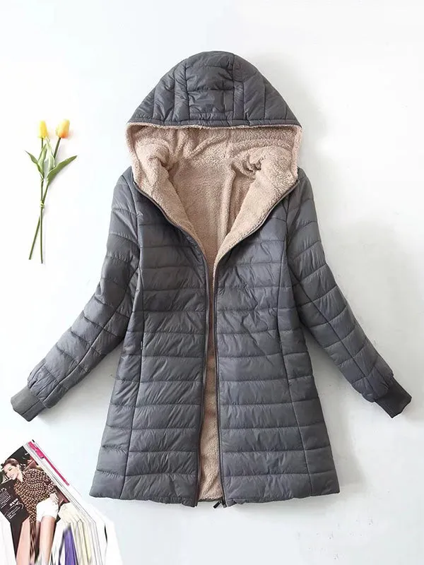 Long Sleeves Keep Warm Pockets Velvet Zipper Hooded Outerwear Padded Coat