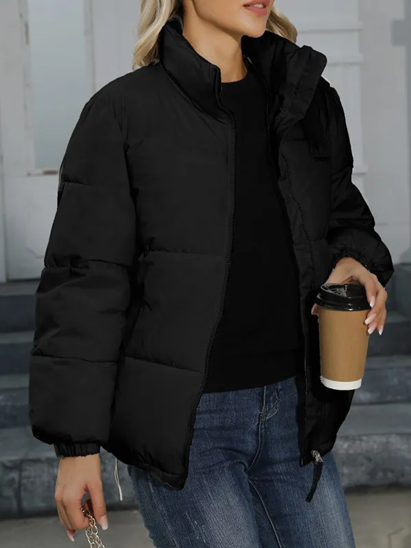 Long Sleeves Loose Keep Warm Quilted Solid Color Zipper High Neck Padded Coat