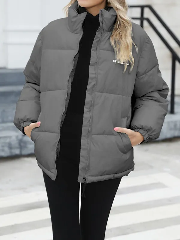 Long Sleeves Loose Keep Warm Quilted Solid Color Zipper High Neck Padded Coat