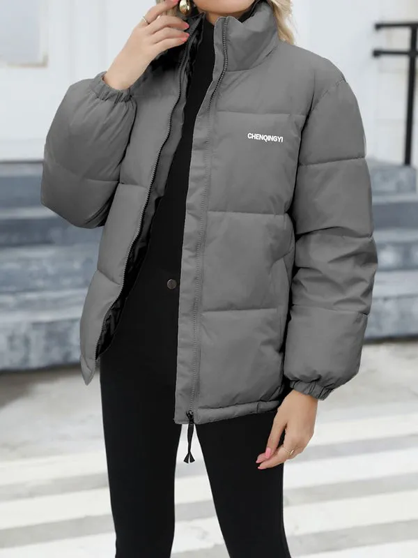 Long Sleeves Loose Keep Warm Quilted Solid Color Zipper High Neck Padded Coat