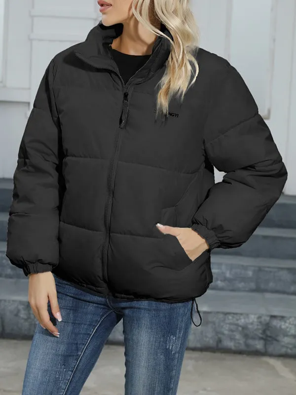 Long Sleeves Loose Keep Warm Quilted Solid Color Zipper High Neck Padded Coat