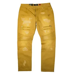 M1741 Makobi Sanded Biker Jeans with Rip & Repair Stitches - Wheat