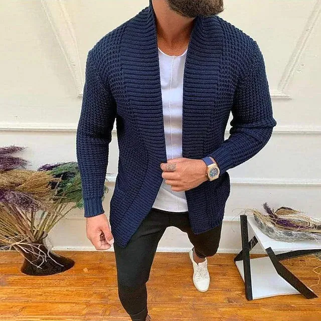 Men's Ribbed Knit Solid Color Sweater Cardigan