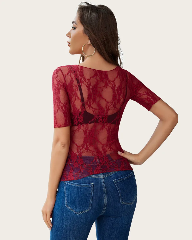 Mesh Top Short Sleeve Floral Lace Tee Shirts