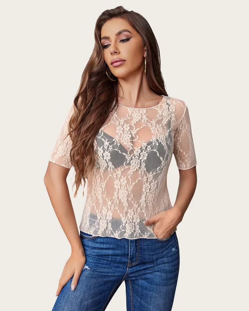 Mesh Top Short Sleeve Floral Lace Tee Shirts