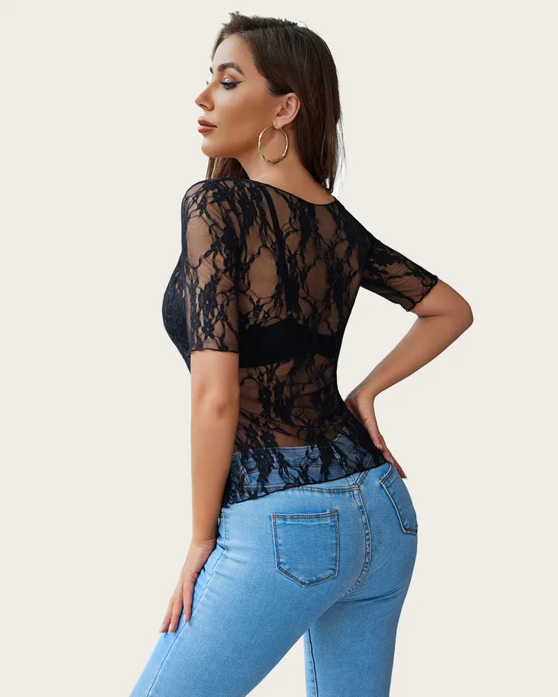 Mesh Top Short Sleeve Floral Lace Tee Shirts