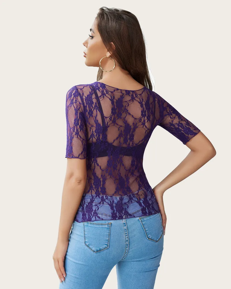 Mesh Top Short Sleeve Floral Lace Tee Shirts