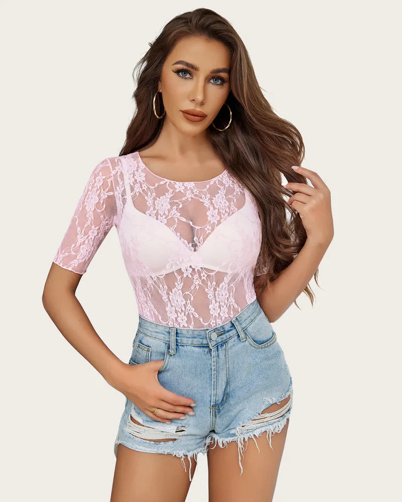 Mesh Top Short Sleeve Floral Lace Tee Shirts