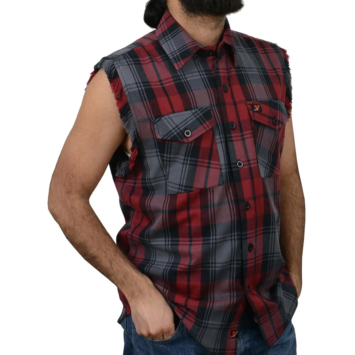 Milwaukee Leather MNG11696 Men’s Black and Grey with Red Cut Off Flannel Shirt