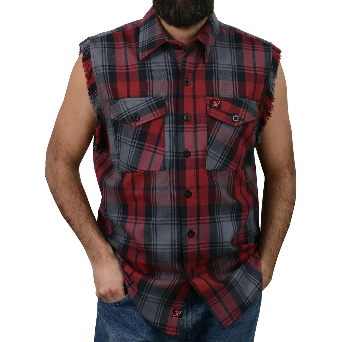 Milwaukee Leather MNG11696 Men’s Black and Grey with Red Cut Off Flannel Shirt