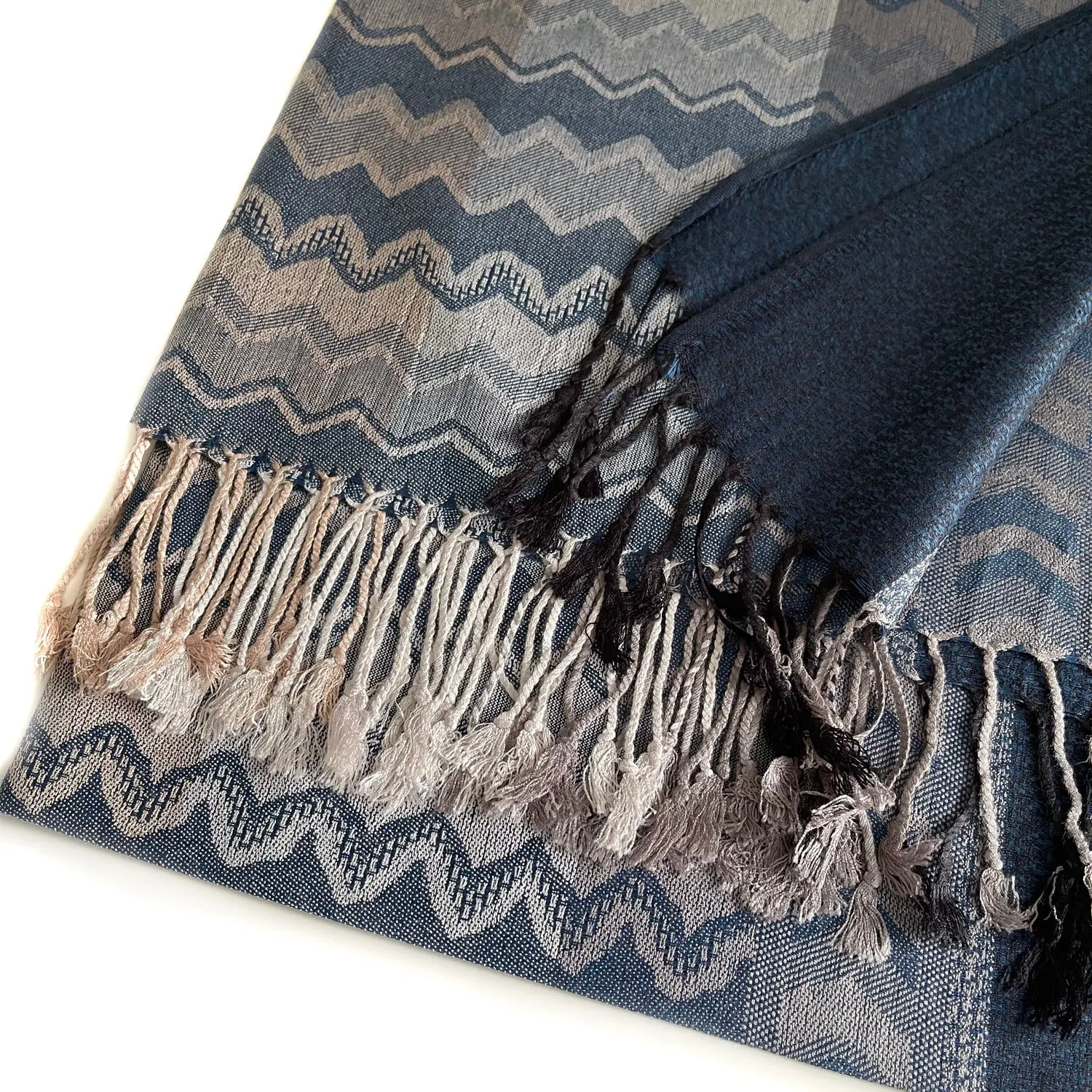 MULTICOLOUR NAVY WAVE PRINT PASHMINA SHAWL SCARF