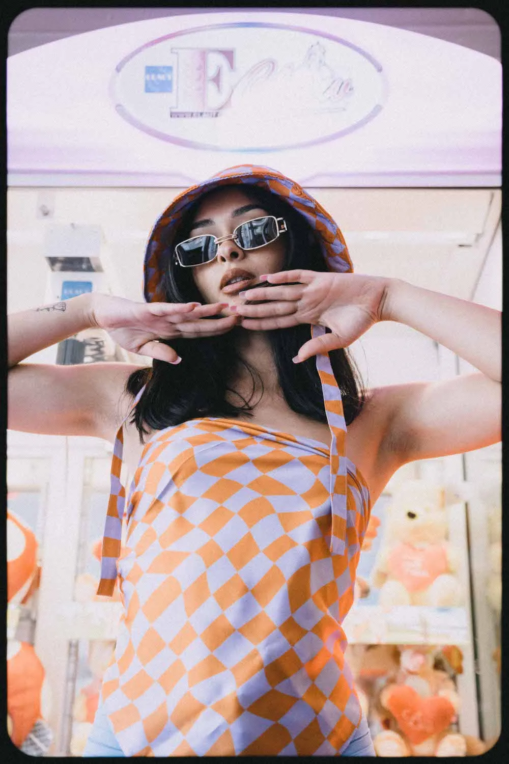 Multiway Wavy Checker Print Neck Tie Bandana in Purple & Orange