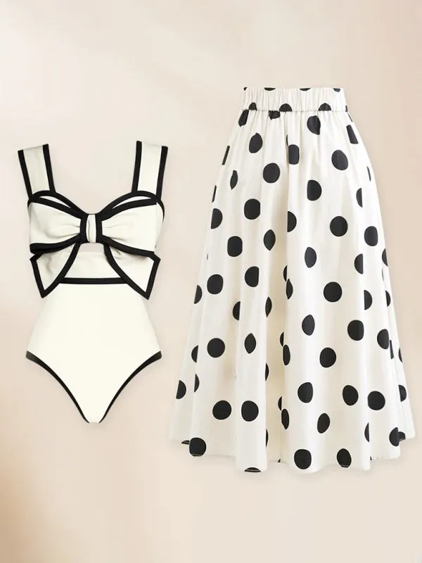 New fashionable vacation sexy bow one-piece swimsuit   polka dot print skirt (single piece)