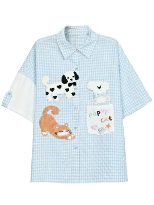 Puppy Cat Party Blue Plaid Short-Sleeve Shirt