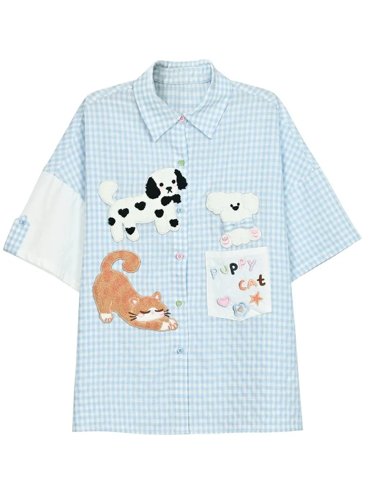 Puppy Cat Party Blue Plaid Short-Sleeve Shirt