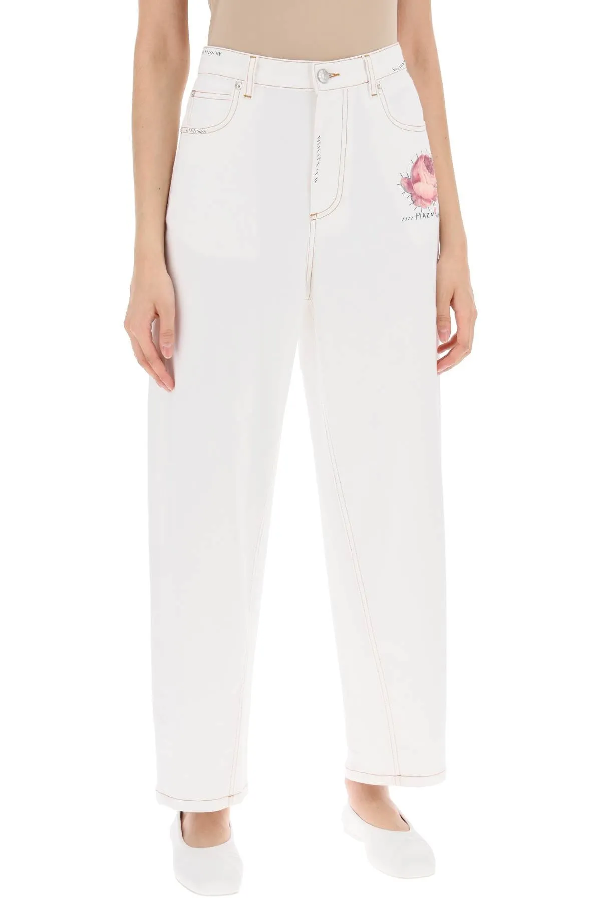 "jeans with embroidered logo and flower patch PAJD0470SXUTC341 LILY WHITE