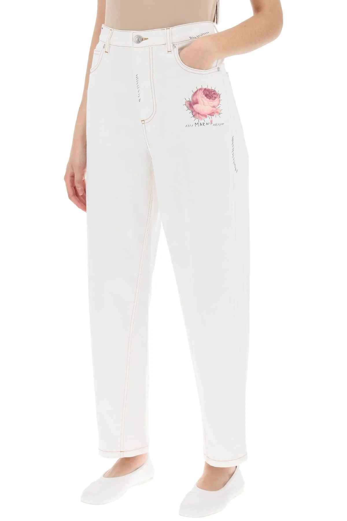 "jeans with embroidered logo and flower patch PAJD0470SXUTC341 LILY WHITE