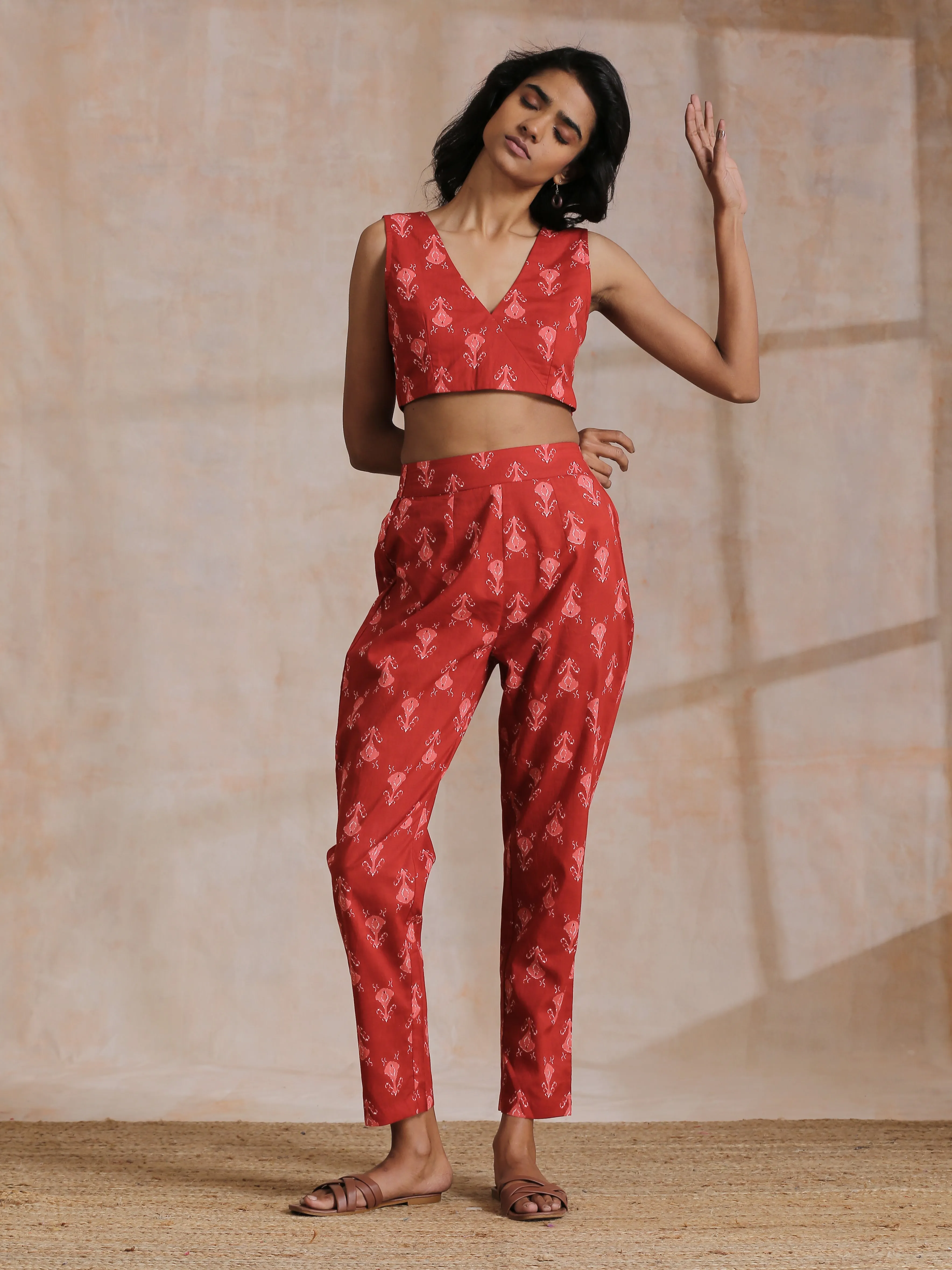 Red On Red Ikat Print Cotton Pant Suit Set