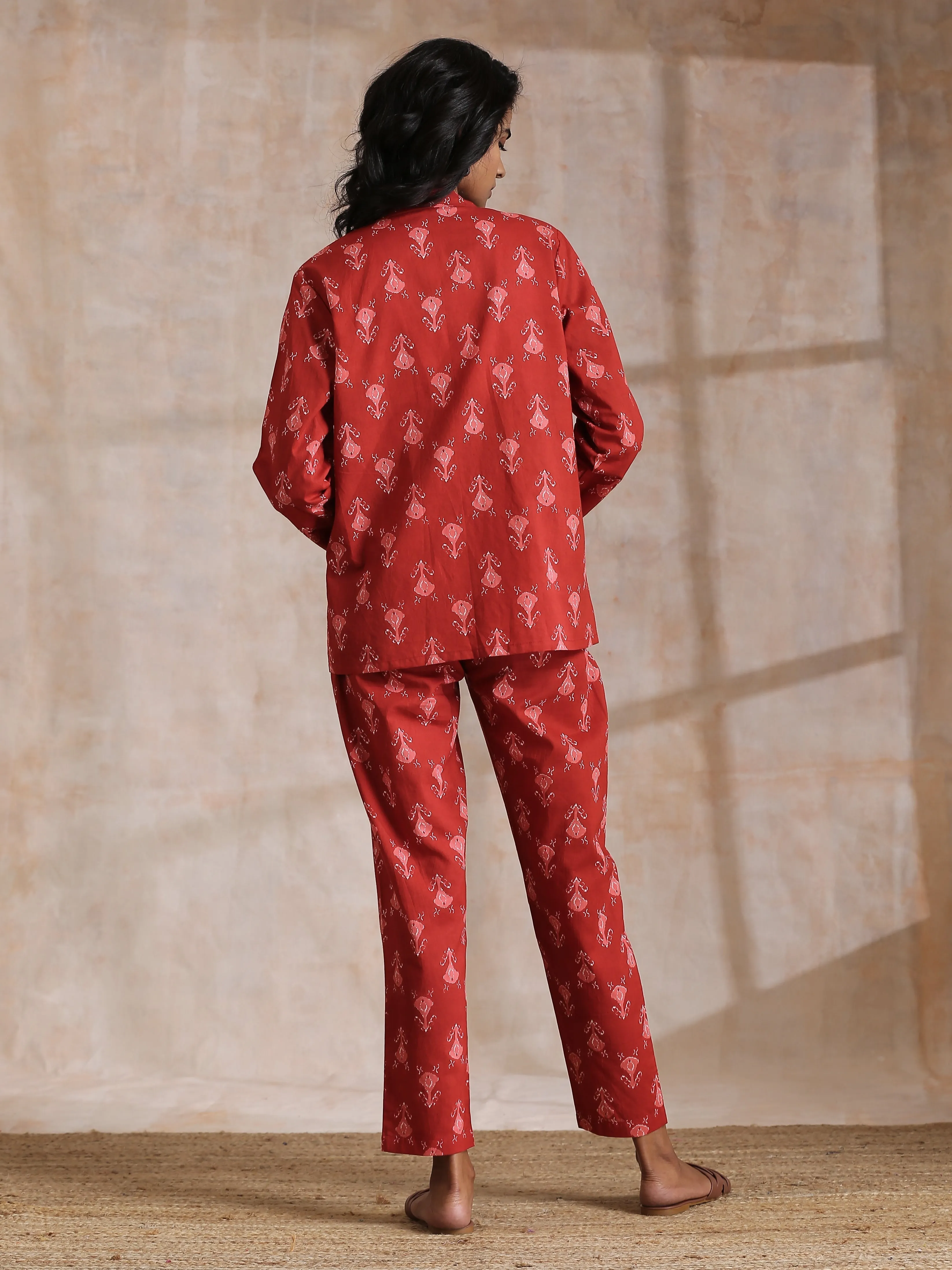 Red On Red Ikat Print Cotton Pant Suit Set