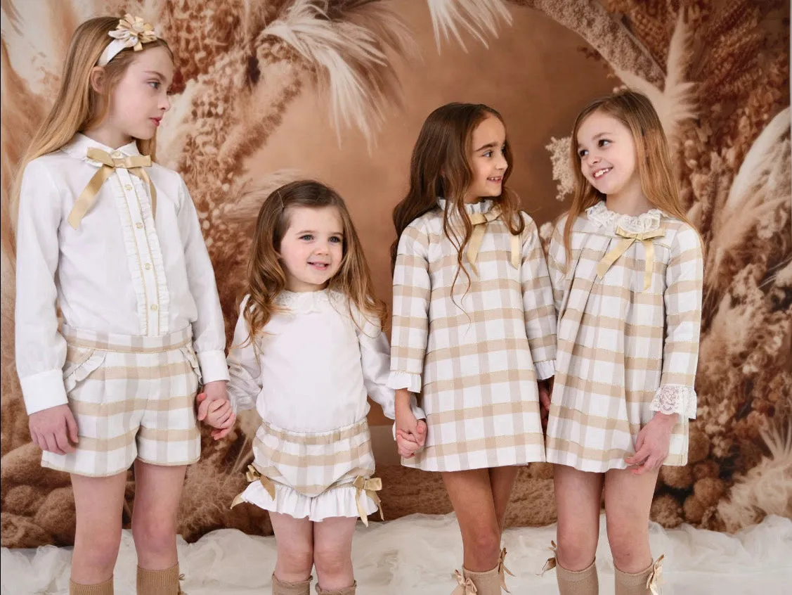 Rochy AW24 - Girls Gold Glitter, Camel and Cream Dress