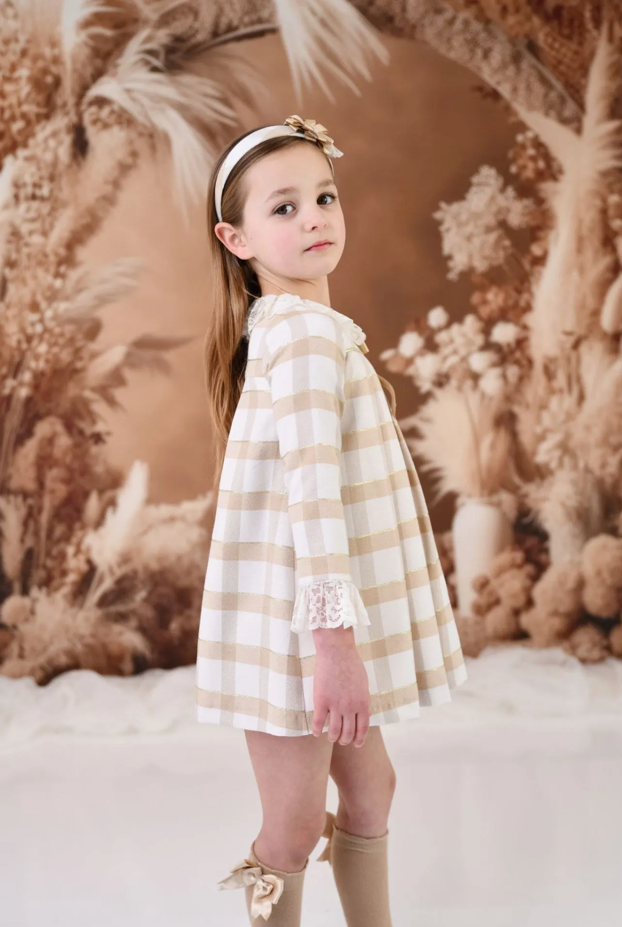 Rochy AW24 - Girls Gold Glitter, Camel and Cream Dress