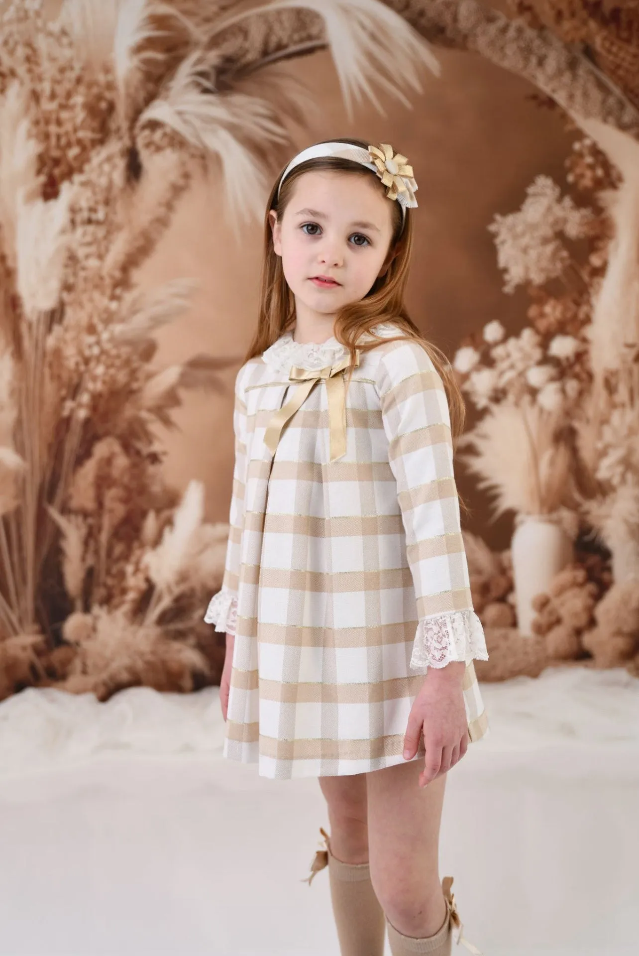 Rochy AW24 - Girls Gold Glitter, Camel and Cream Dress