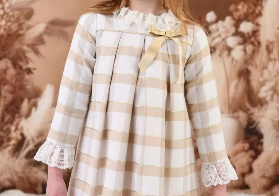 Rochy AW24 - Girls Gold Glitter, Camel and Cream Dress