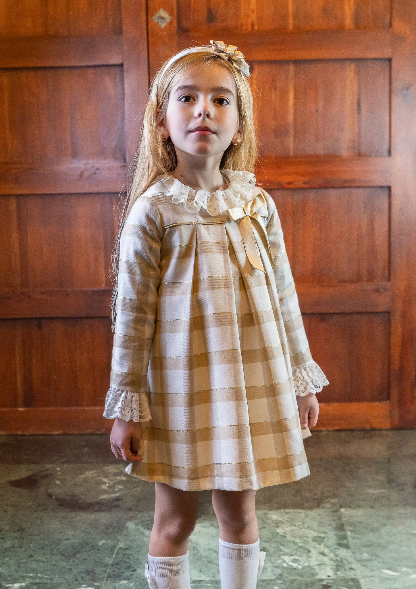 Rochy AW24 - Girls Gold Glitter, Camel and Cream Dress