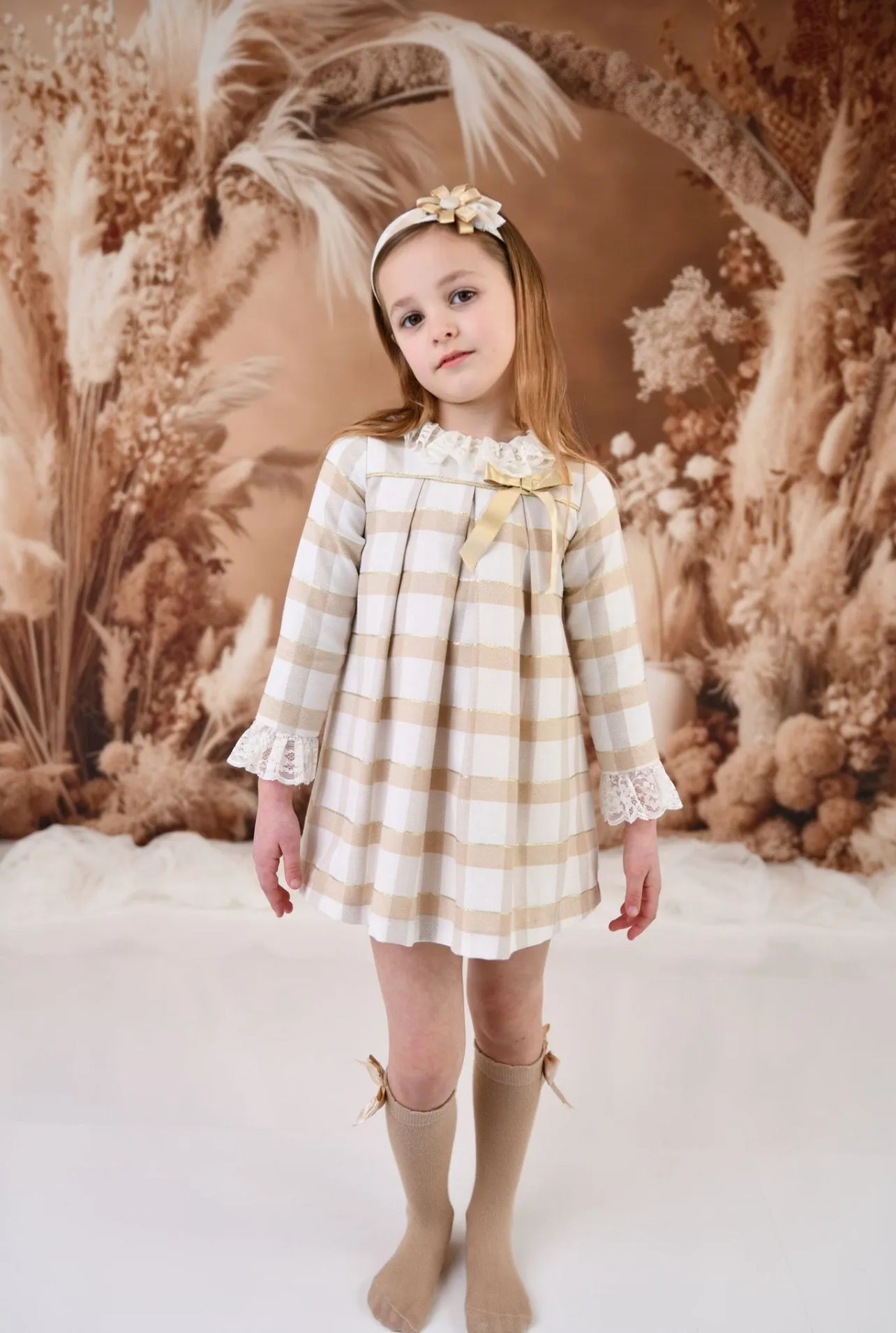 Rochy AW24 - Girls Gold Glitter, Camel and Cream Dress