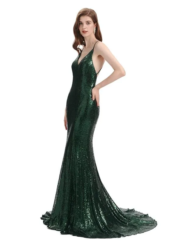 Sexy Spaghetti Strap Sequins Floor-Length Bridesmaid Dresses