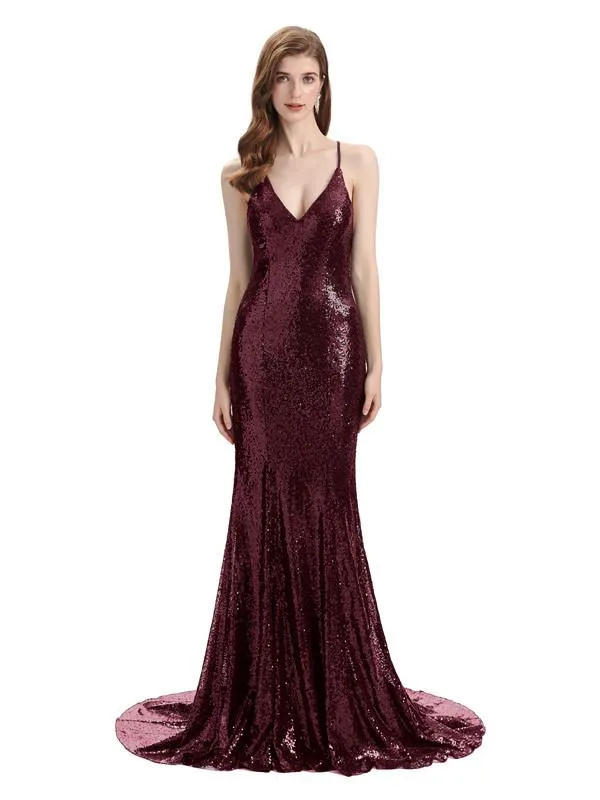 Sexy Spaghetti Strap Sequins Floor-Length Bridesmaid Dresses