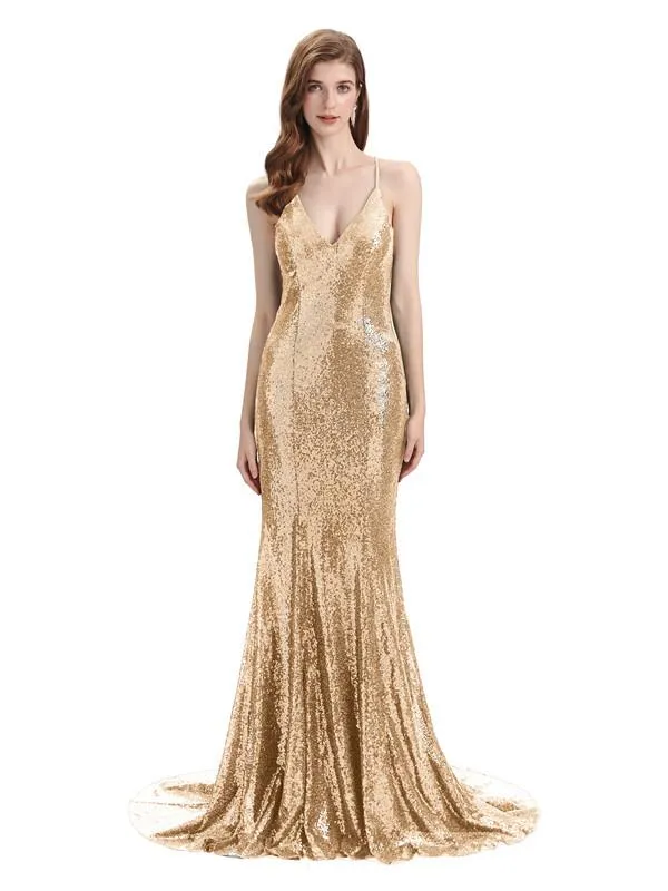 Sexy Spaghetti Strap Sequins Floor-Length Bridesmaid Dresses